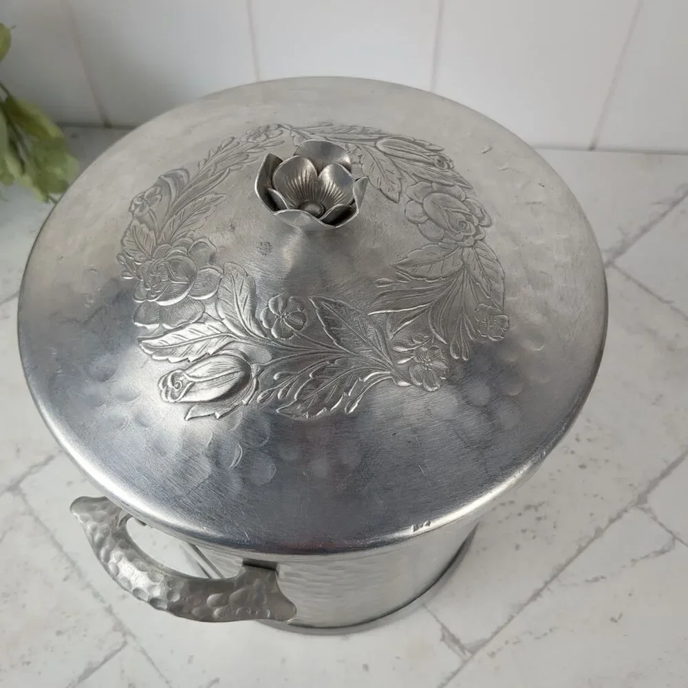 Vintage Hammered Aluminum Ice Bucket Floral Rose Midcentury Art Nouveau